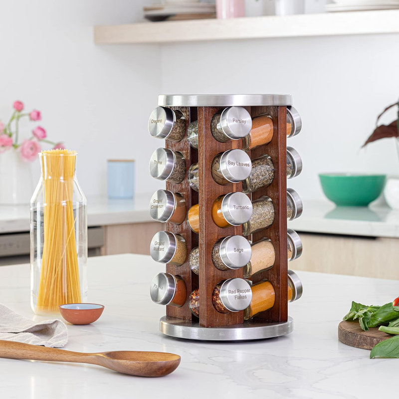 20 Jar Dark Wood Spice Rack with Spices Included Rotating Tower Organizer