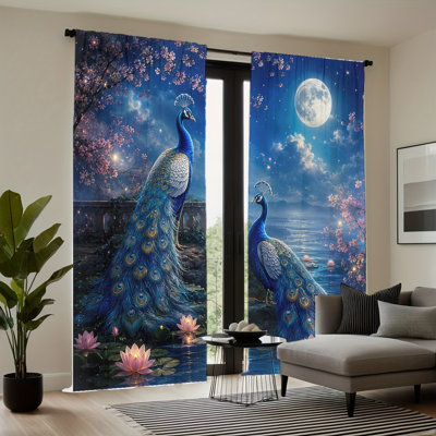 2PCS Elegant Peacock Lotus Moon Scene Decor Light Filtering Curtains, Romantic Night Sky Pattern, Spring Home Accent, Easy Hang Rod Pocket Design, All-Season for Living Room Bedroom Dormitory Decoration