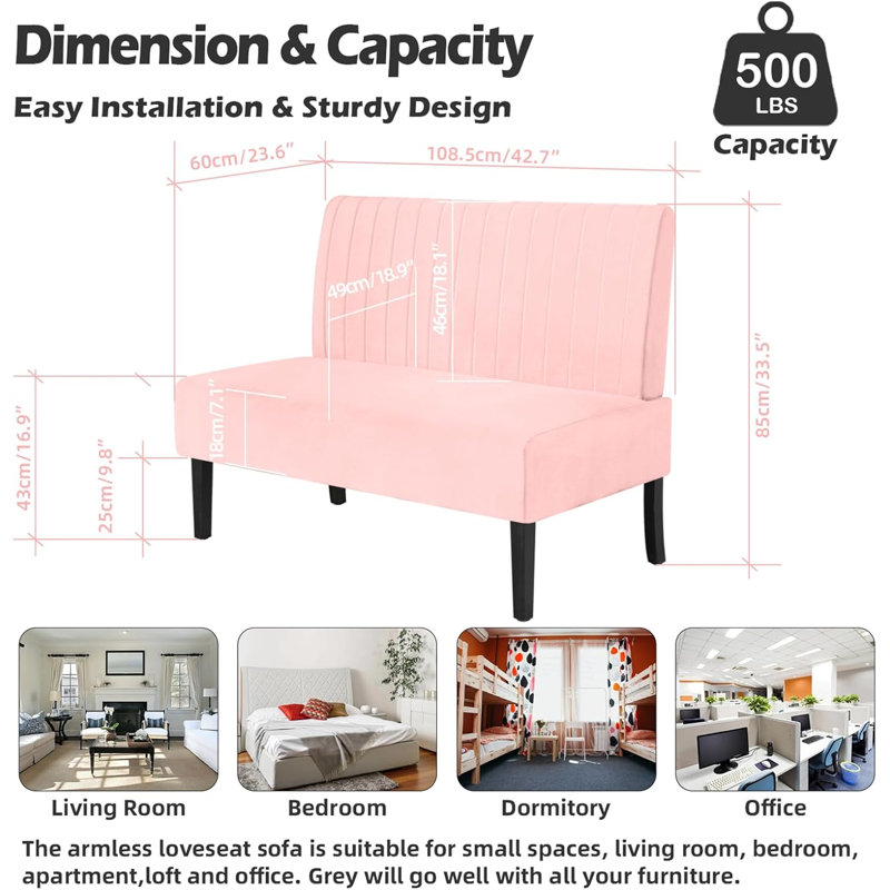 43”W Uphostered Bench, Loveseat Dining Banquette, Pink