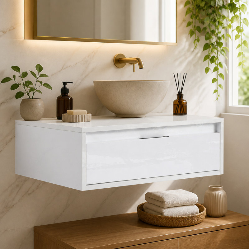 24" Bathroom Cabinet,Soft Close Drawer,Float Mounting Design, Glossy White, KD-Packing,(Only Vanity)