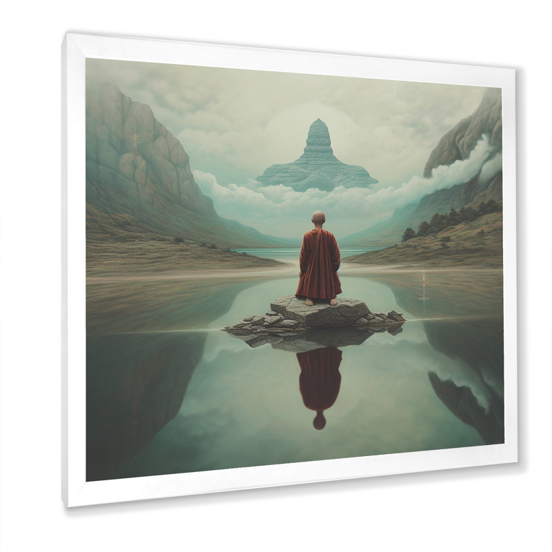 Mindfulness bouddhiste vison méditant sur toile, Cadre simple blanc, H 30 po x l 30 po x P 1 po