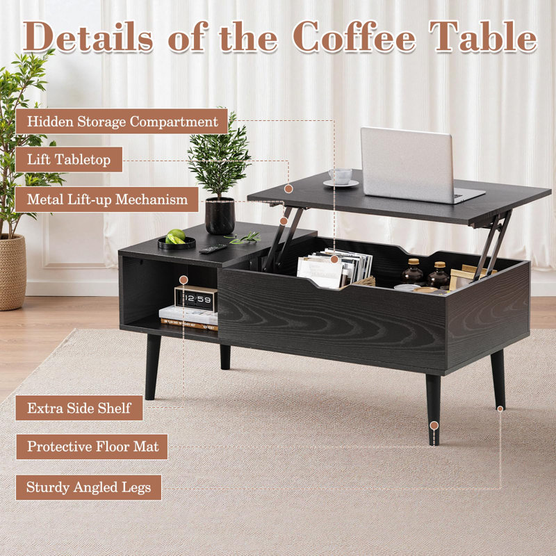 Coffee Table, Lift Top Coffee Table With Large Hidden Compartment And Ample Storage Shelf, Black, 17" H x 39.4" W x 19.7" D