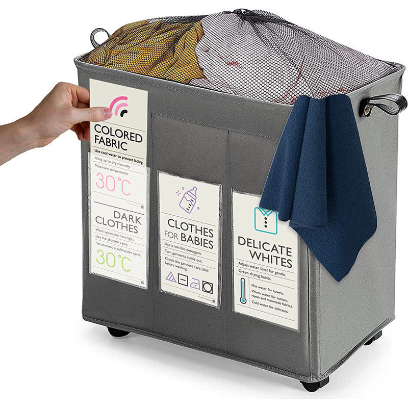 Fabric Rolling Laundry Basket with Handles, Grey