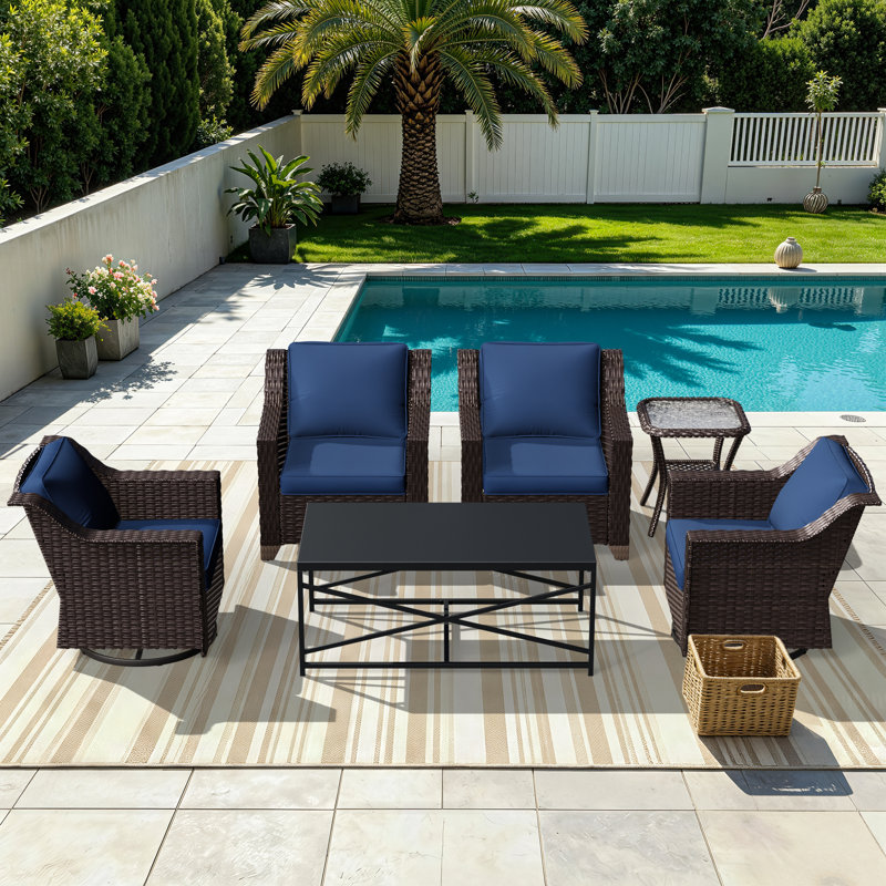 5-Piece Patio Rattan Wicker Rocker Conversation Set, Outdoor Furniture with Thick Cushions, 2 Rocker Chairs, 3 Stationary Chairs, Coffee Table & Side Table, Weather Resistant for Backyard, Porch & Poolside