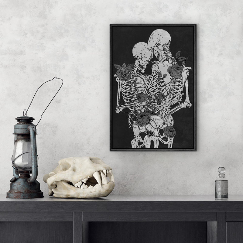 Squelette câlin gothique Moody foncé, œuvre d'art moderne, décor, H 24 po x l 16 po, Cadre flottant noir
