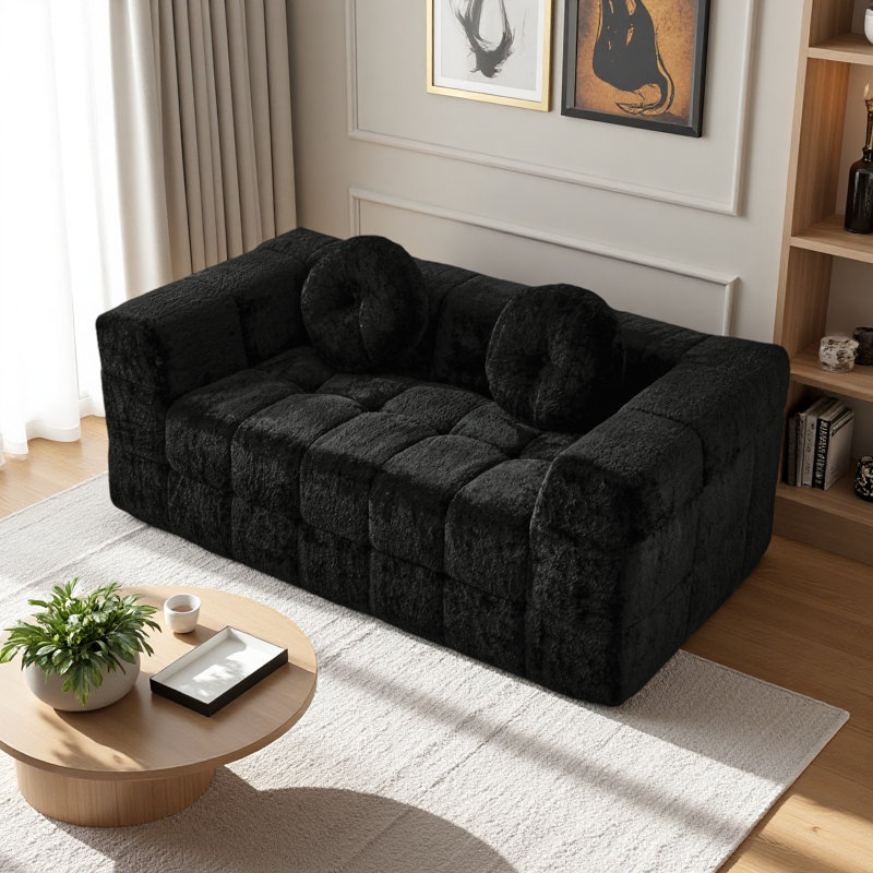 Canapé moderne de 66,5 pouces sans os avec deux coussins décoratifs circulaires, tissu en polyester à poils longs texturé litchi doux pour la peau, canapé à deux places en mousse à carreaux