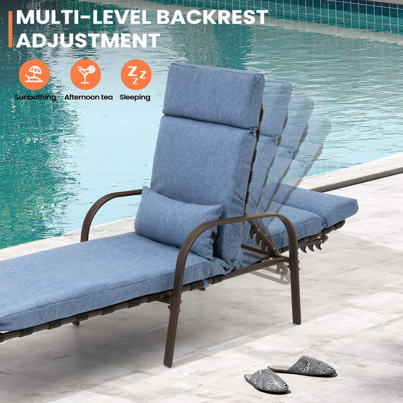 Outdoor Powder Coated Steel Chaise Lounge  With Cushions, Dark Blue