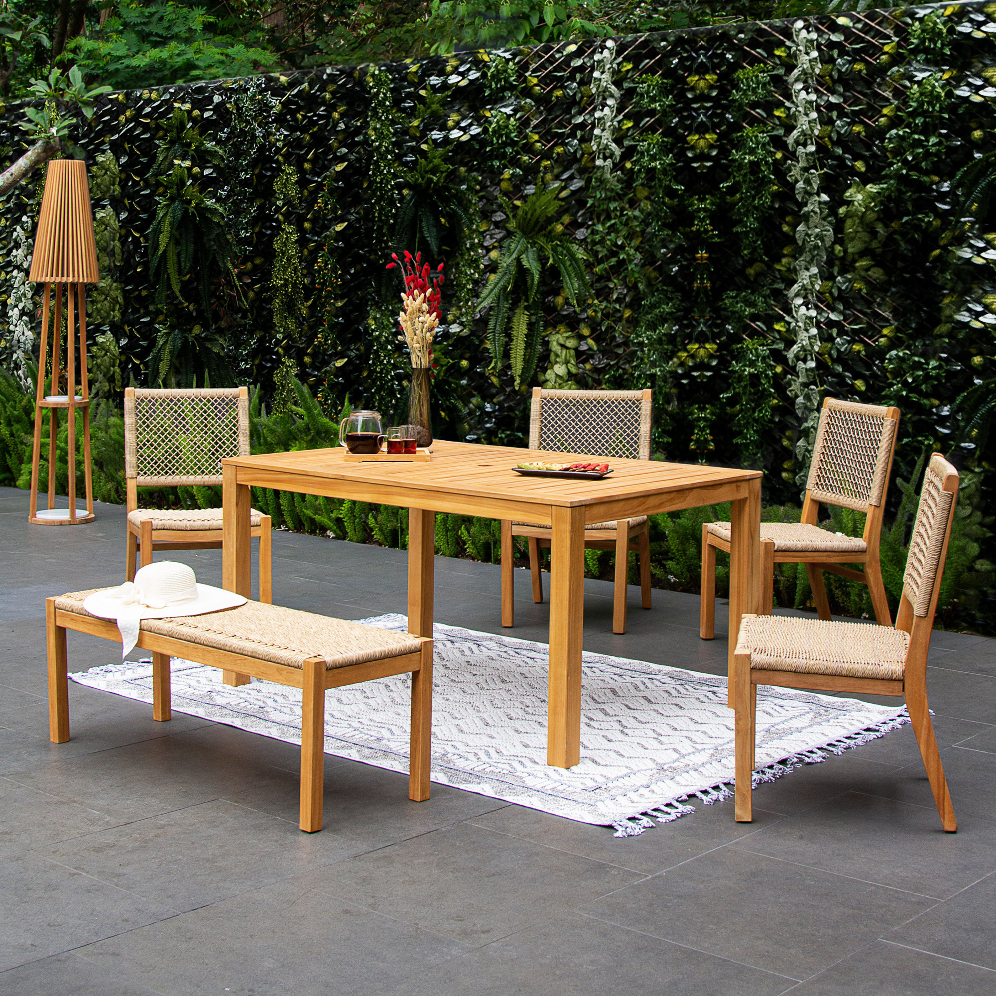 Seras 6 - Person Teak Outdoor Dining Set with Wicker