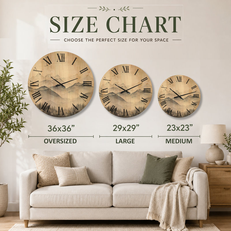 Large Scenic Silent Wood Wall Clock – Morning Fog Mountain Wonder, Large