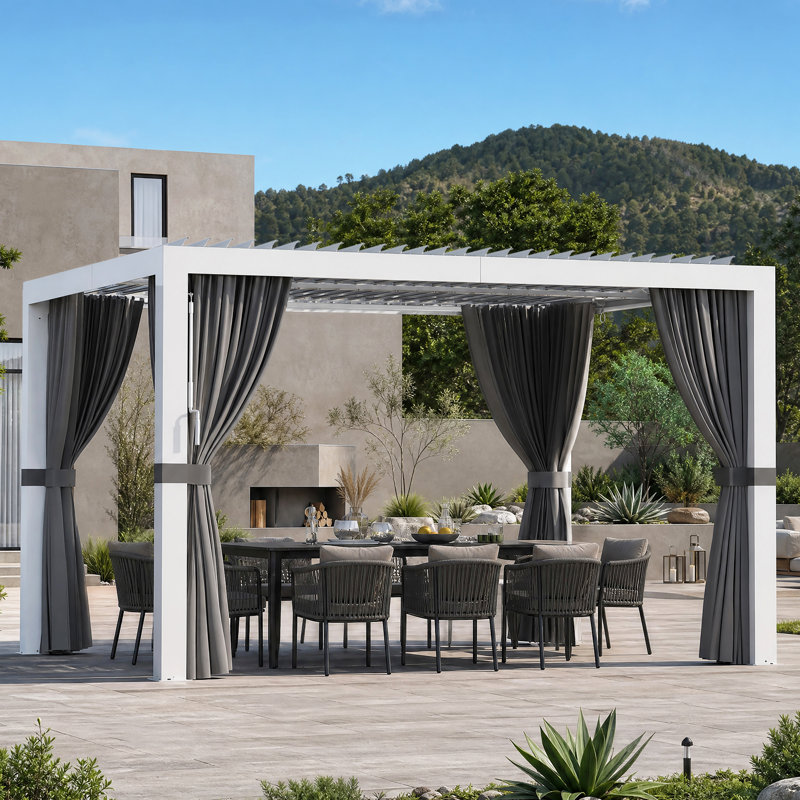 Pergola Aurora 12 pi x 14 pi avec amants réglables à double couche, système de gouttière intégré et prise d'alimentation USB, moustiquaire et rideaux