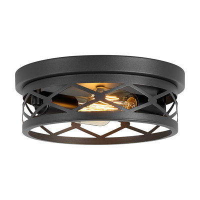 2 Pack 2-Light Matte Black Industrial Flush Mount Ceiling Light, Farmhouse Round Ceiling Lamp for Hallway Kitchen Entryway