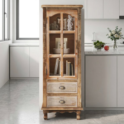 Rustic Wooden Storage Cabinet with Decorative Cutout Door and Two Drawers, Tall Narrow Organizer for Living Room or Bedroom