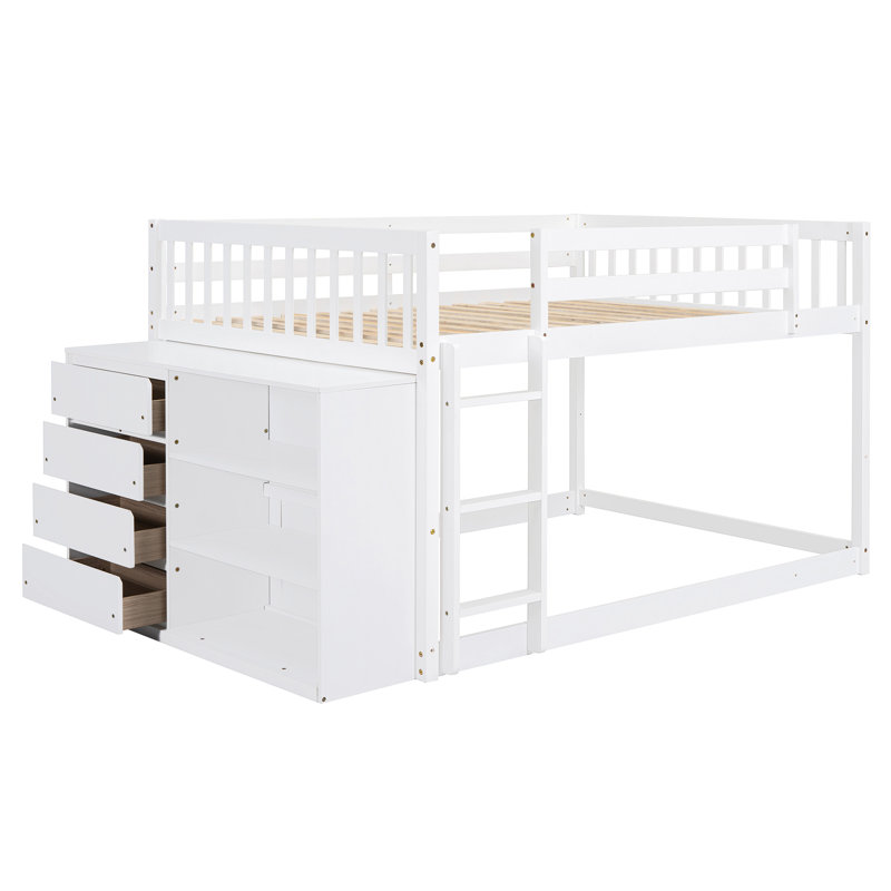 Lit superposé double avec 4 tiroirs et 3 tablettes, Blanc