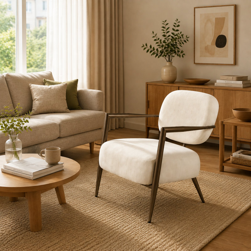 Upholstered Accent Chair, White Fabric
