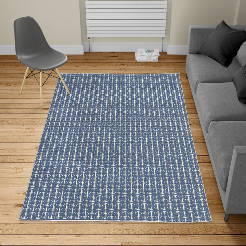 Tapis bleu ciel / blanc tissé à la machine, Rectangle 5 pi 3 po x 7 pi 6 po