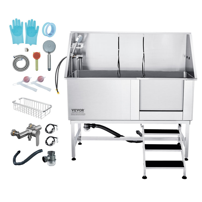 Professional Stainless Steel Pet Grooming Tub with Ramp and Faucet
