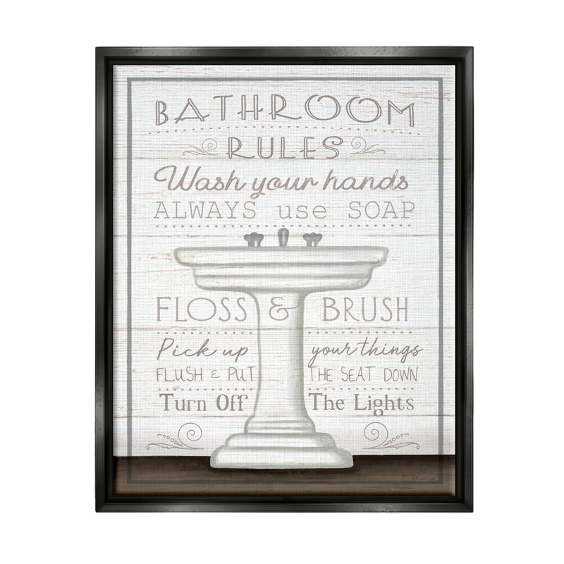 "Ba-573-Floater Rustic Bathroom Rules Sink" par Elizabeth Tyndall, art textuel sur toile, Cadre flottant noir de jais