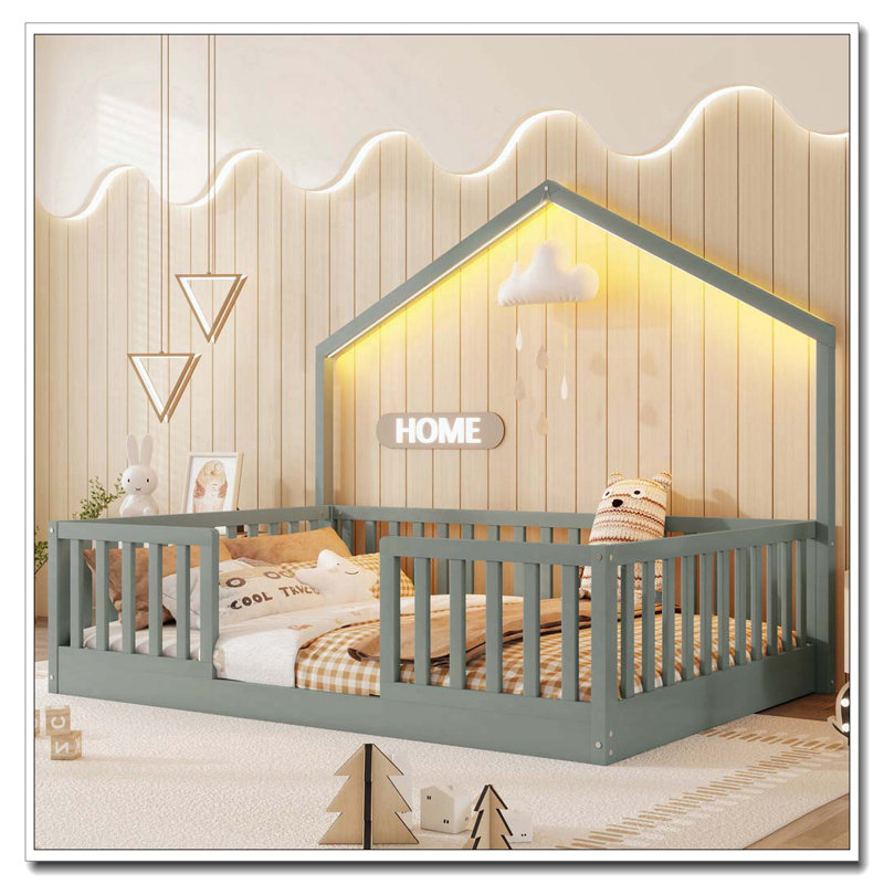 Lit sur pied avec rails hauts, lit Montessori en bois avec lumière, Complète, gris