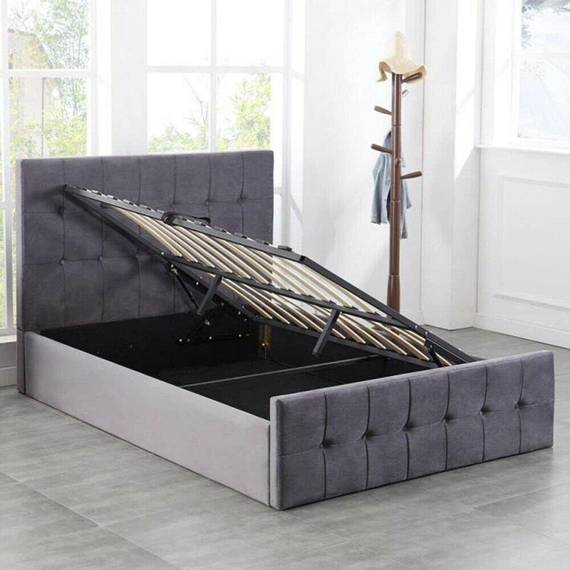 Ottoman Bed Gas Lift Storage 3ft Single and 1 Mattress Velvet Cushioned Bedroom, Grey