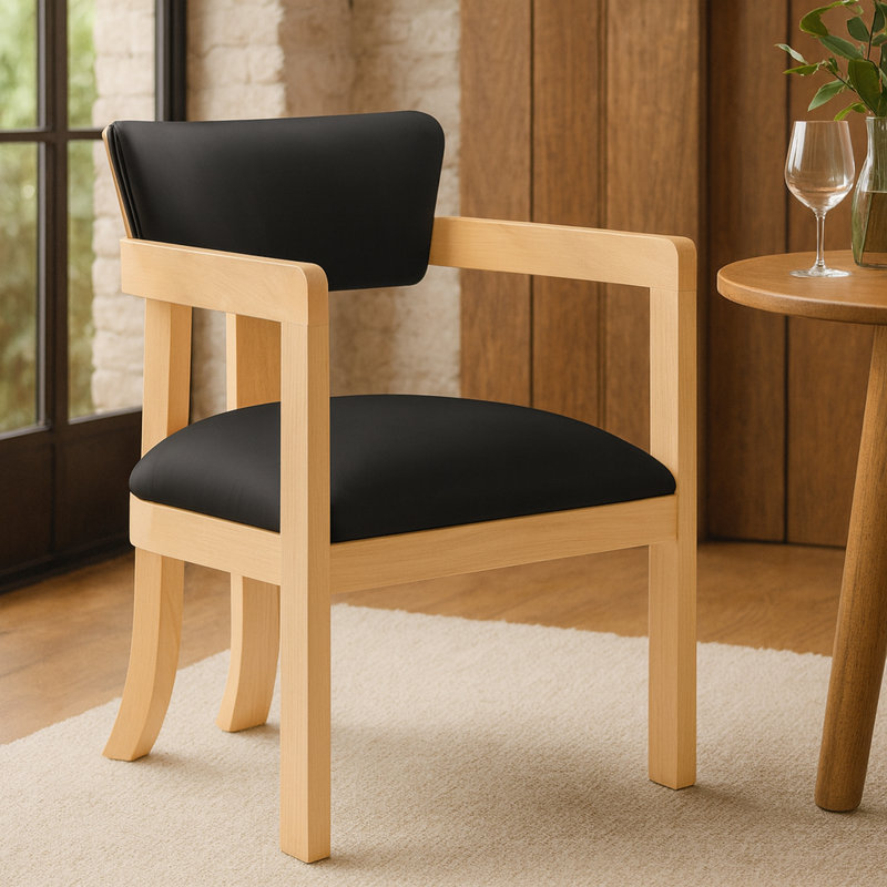 Phalan Vegan Leather Upholstered Dining Arm Chair, Stained Natural, Black Vegan Leather