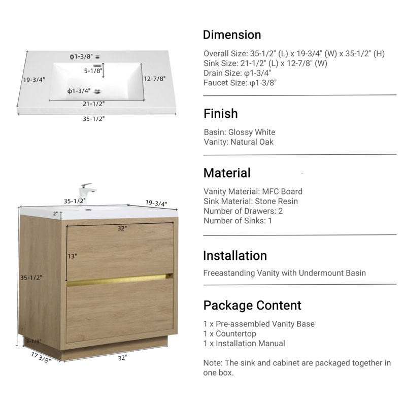 36" Freestanding Bathroom Vanity With Sink, 36"
