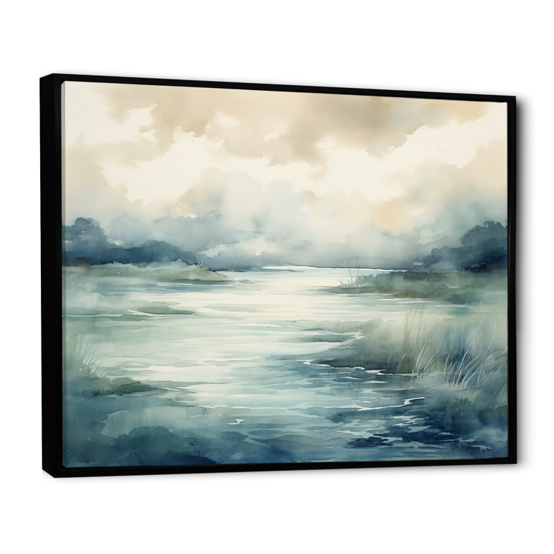 «Misty Lake Serenity», aquarelle rétro sur toile, Cadre flottant noir, H 34 po x l 44 po x P 1,5 po