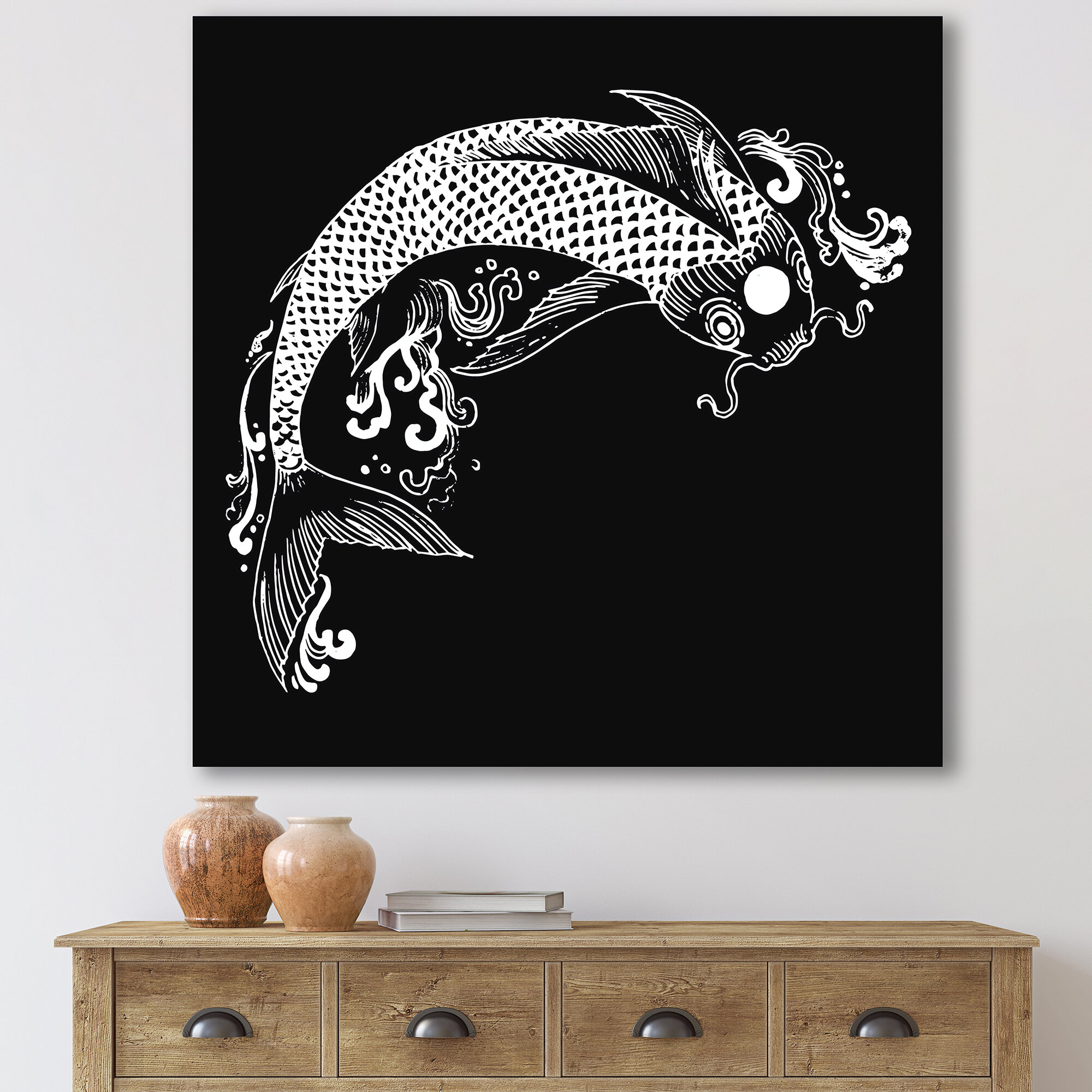 Chinoiserie Koi Fish I - Graphic Art Print East Urban Home Size: 36 H x 36 W x 1.5 D, Format: White Picture Frame
