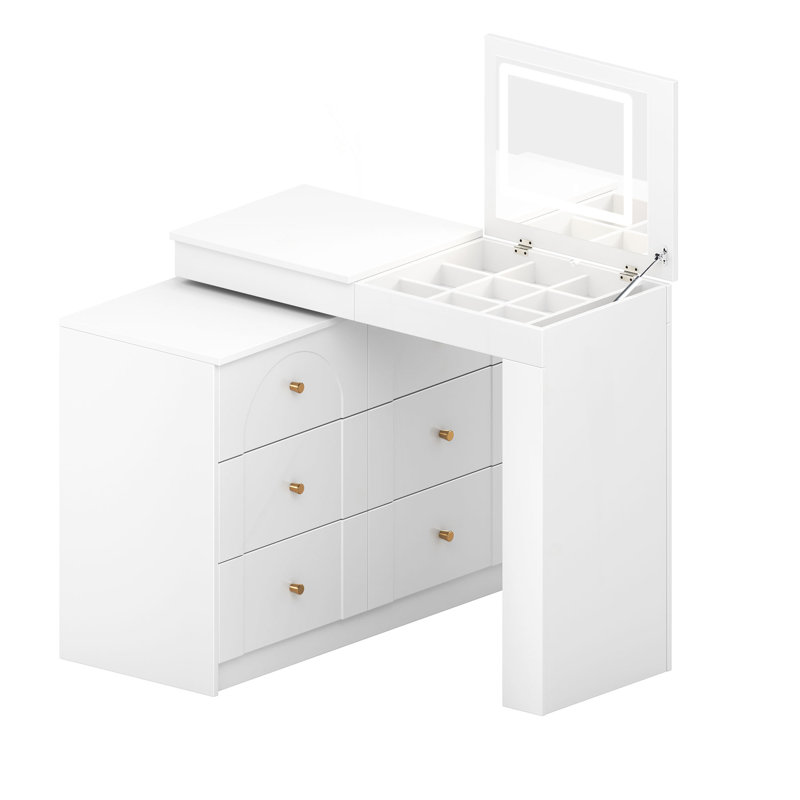 Bureau de meuble-lavabo avec miroir et lumières, table de maquillage avec plateau de table rabattable et rangement 7 tiroirs, 9 compartiments, 3 tablettes, 3 tables de maquillage à modes de couleurs réglables pour la chambre à coucher