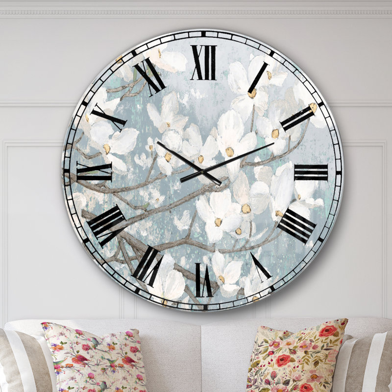 Blue on Grey Blossoms - Horloge murale traditionnelle, Surdimensionné