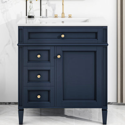 Armoire de salle de bain 30 po avec lavabo, meuble-lavabo moderne bleu 2 tiroirs et rangement recherché