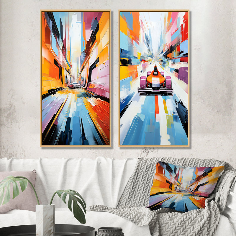 Coloré cubisme 24 heures Le Man Race Track I - ensemble de 2 impressions sur toile, Cadre flottant brun, H 28 po x l 25 po