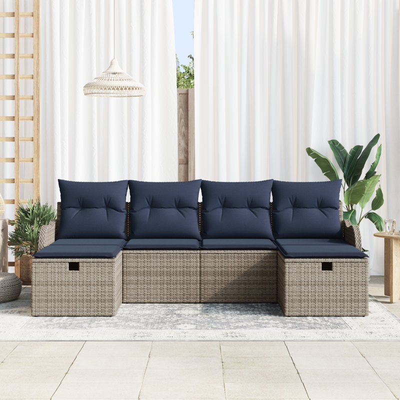 vidaXL Sofa Set with Cushion Manual 6 pcs Grey and Navy Poly Rattan, Grey Frame/Navy Blue Cushion