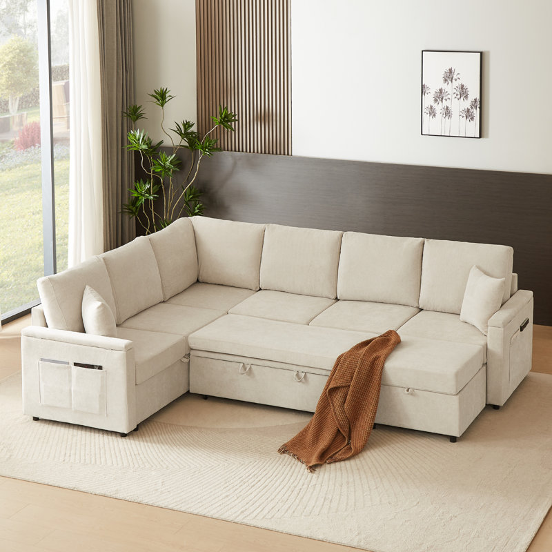 112'' sleeper couch with pull out bed And 8 Storages, Sectional sofa For Living room, Beige Linen