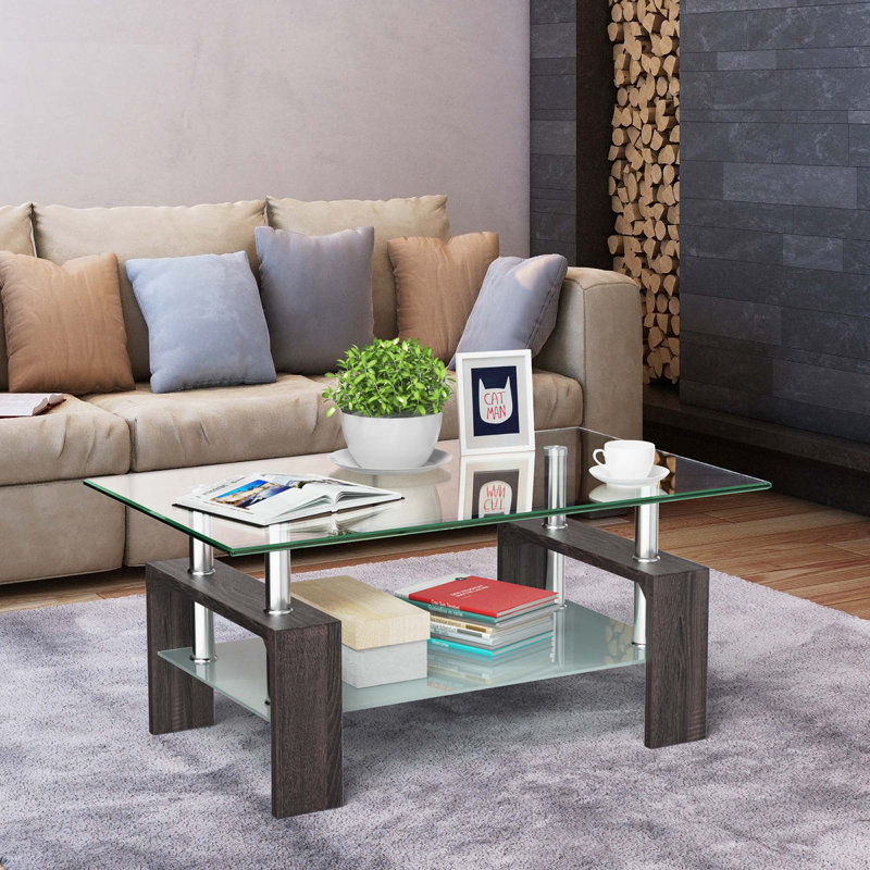 Wrought Studio Rectangle Glass Coffee Table End Side Table For Living Room Black