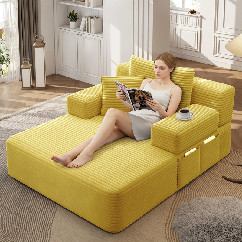 Canapé-lit convertible luxueux en velours côtelé avec pochette de rangement et accoudoirs larges, Yellow