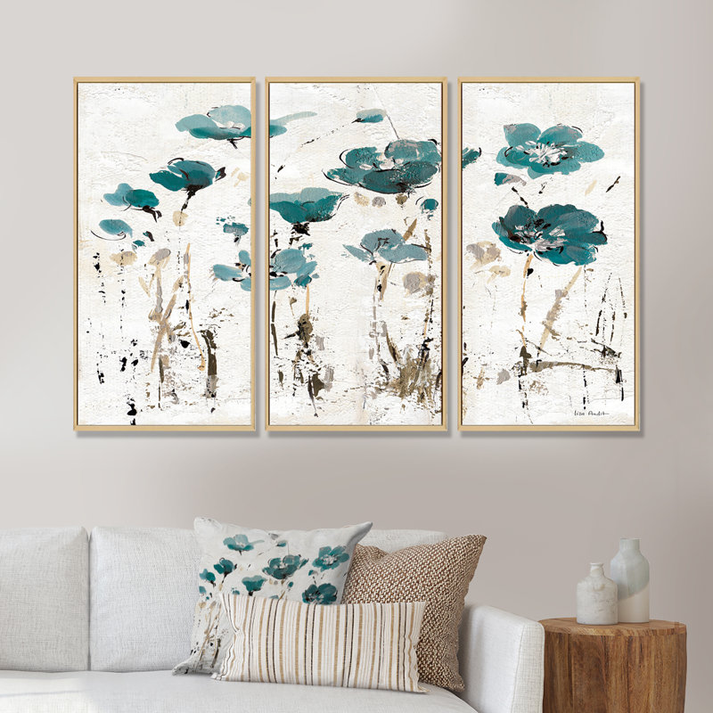 «Fields Of Turquoise Watercolor Flower I», ensemble d'art mural sur toile encadré traditionnel de 3