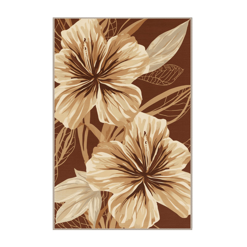 Machine Washable Oyan Hibiscus Tropical Floral Rug in Brown – Beige Binding, 2x3