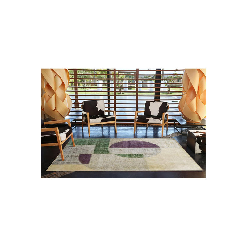 Tapis décoratif géométrique abstrait vert et mauve lavable à la machine, Carré 3 pi 3 po
