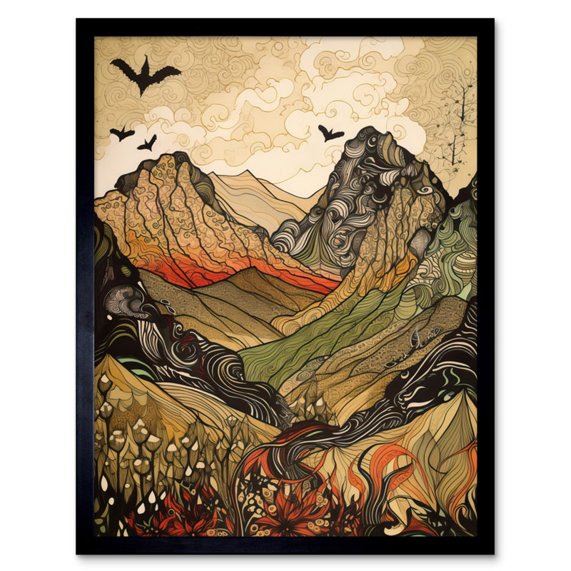 Aaronjit Mountain Landscape Multicoloured Pattern Linocut - Single Picture Frame Print