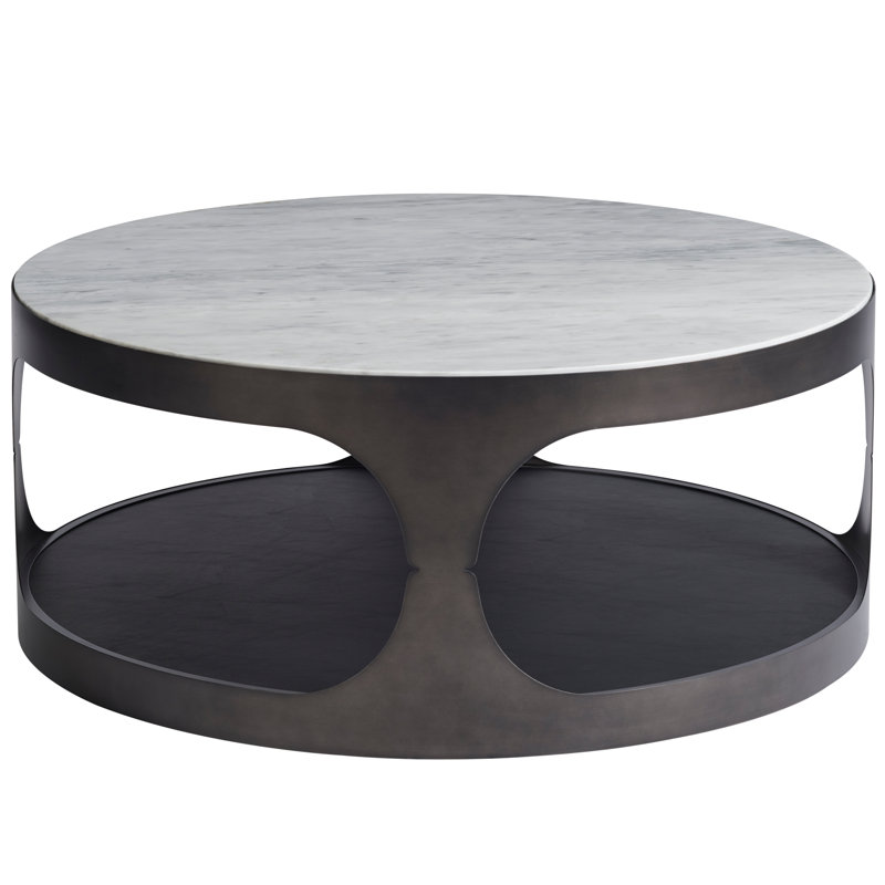 Mid-Century Modern 40" Round Brown & White Coffee Table with Faux Leather Shelf