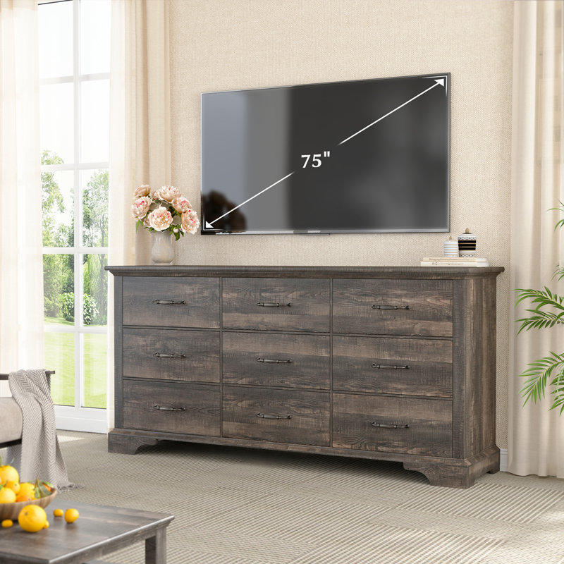 63" W Farmhouse 9 Drawers Dressers For Bedroom, Gray