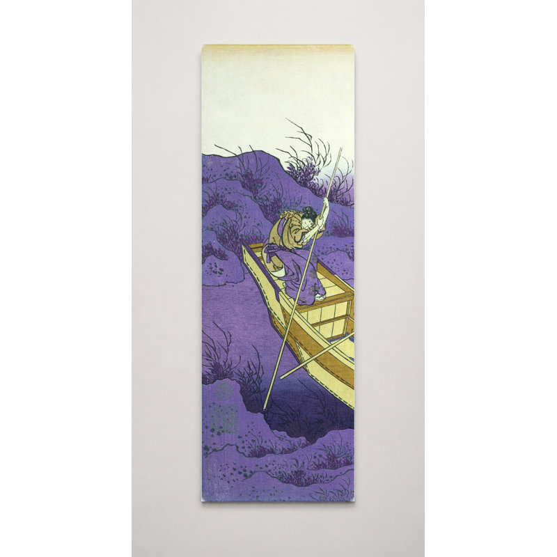 Bateau sur un étang de lotus - grande toile d'art mural, L 16 po x H 48 po