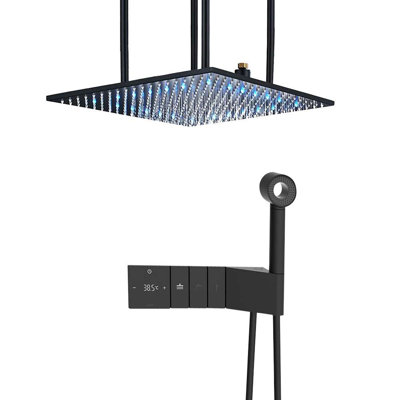 Système de douche à effet pluie numérique à montage au plafond 24 po à DEL noir mat Fontana Chiavari avec douche à main ronde intégrée