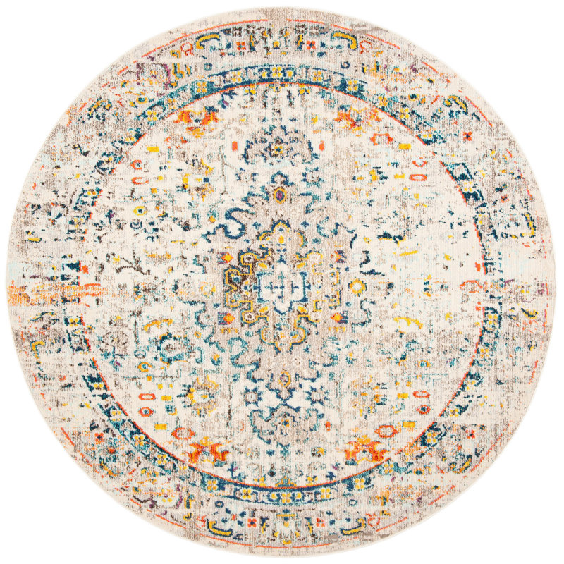 Felty Oriental Cream/Blue Area Rug, Round 6'7"