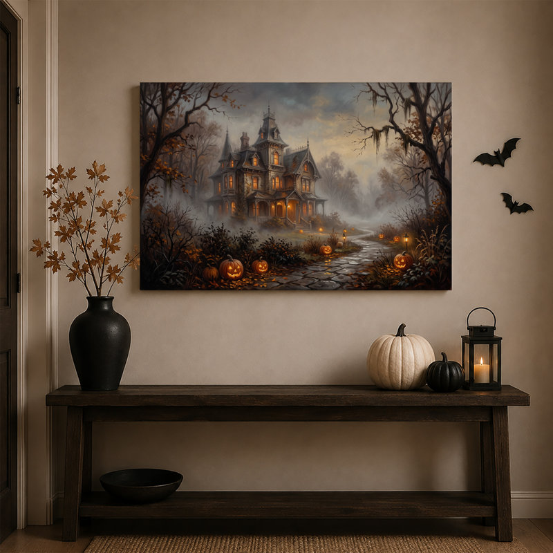 Manoir victorien hanté avec citrouilles illuminées sur une toile murale d'Halloween, H 24 po x l 36 po