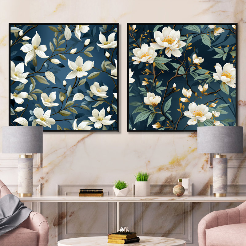 Veines de fleurs blanches et bleues - ensemble de collage carré floral, Cadre flottant noir, H 16 po x l 33 po