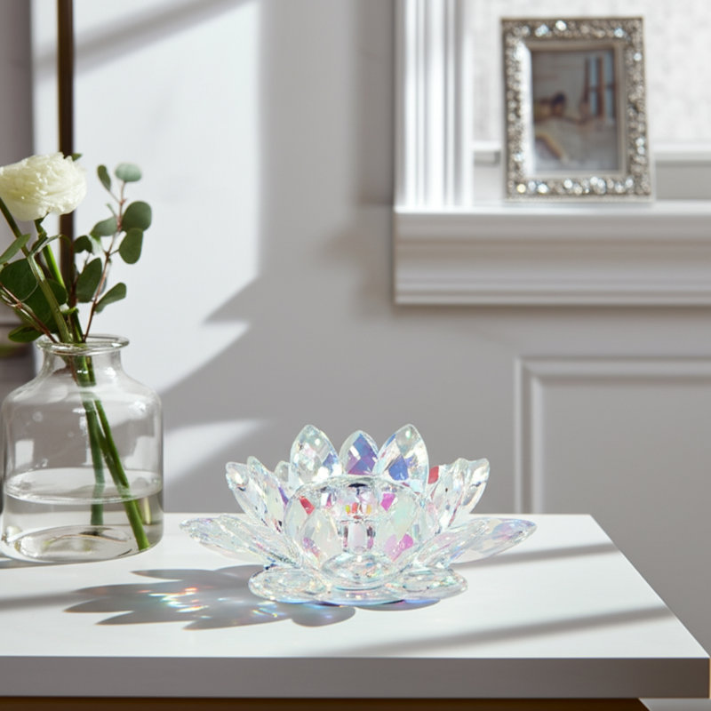 Iridescent Glass Crystal Lotus Votive Candle Holder, 2" H x 6" W x 6" D, Blush