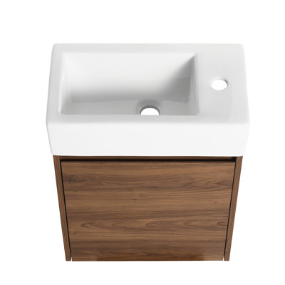 Meuble-lavabo de 18 pouces avec lavabo simple - nombreux espaces de rangement, cuve en céramique, construction élégante, petit espace de rangement intérieur en ébène brun, lavabo, design minimaliste,