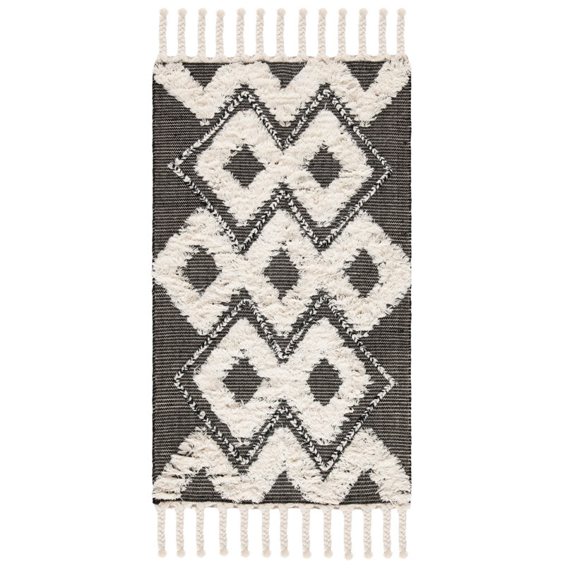 Alimatou Hand Knotted Wool/Cotton Geometric Rug in Ivory/Black, Rectangle 3' x 5'