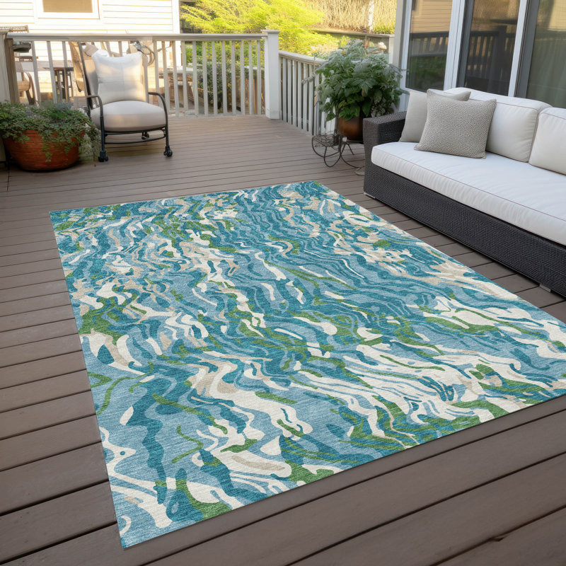 Teal and White Abstract Swirl Washable Synthetic Rug